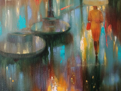 Abstract oil painting of woman in orange coat with red bag and blue umbrella on rainy street by Anatoly Tarabanov