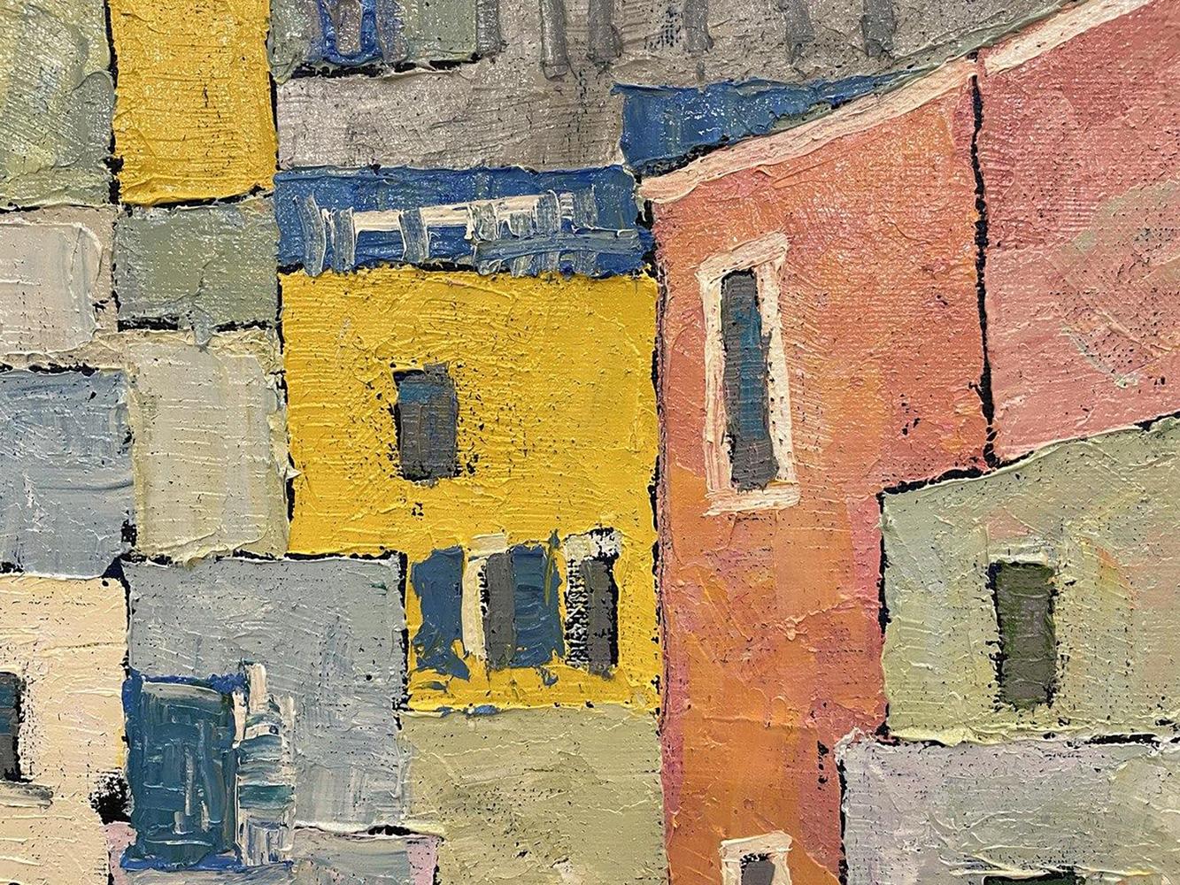 Vibrant oil painting Amplitude by Serhiy Kovalev with colorful impasto buildings