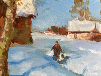 Quiet village in winter oil painting by Yuriy Suprunchuk, snowy scene
