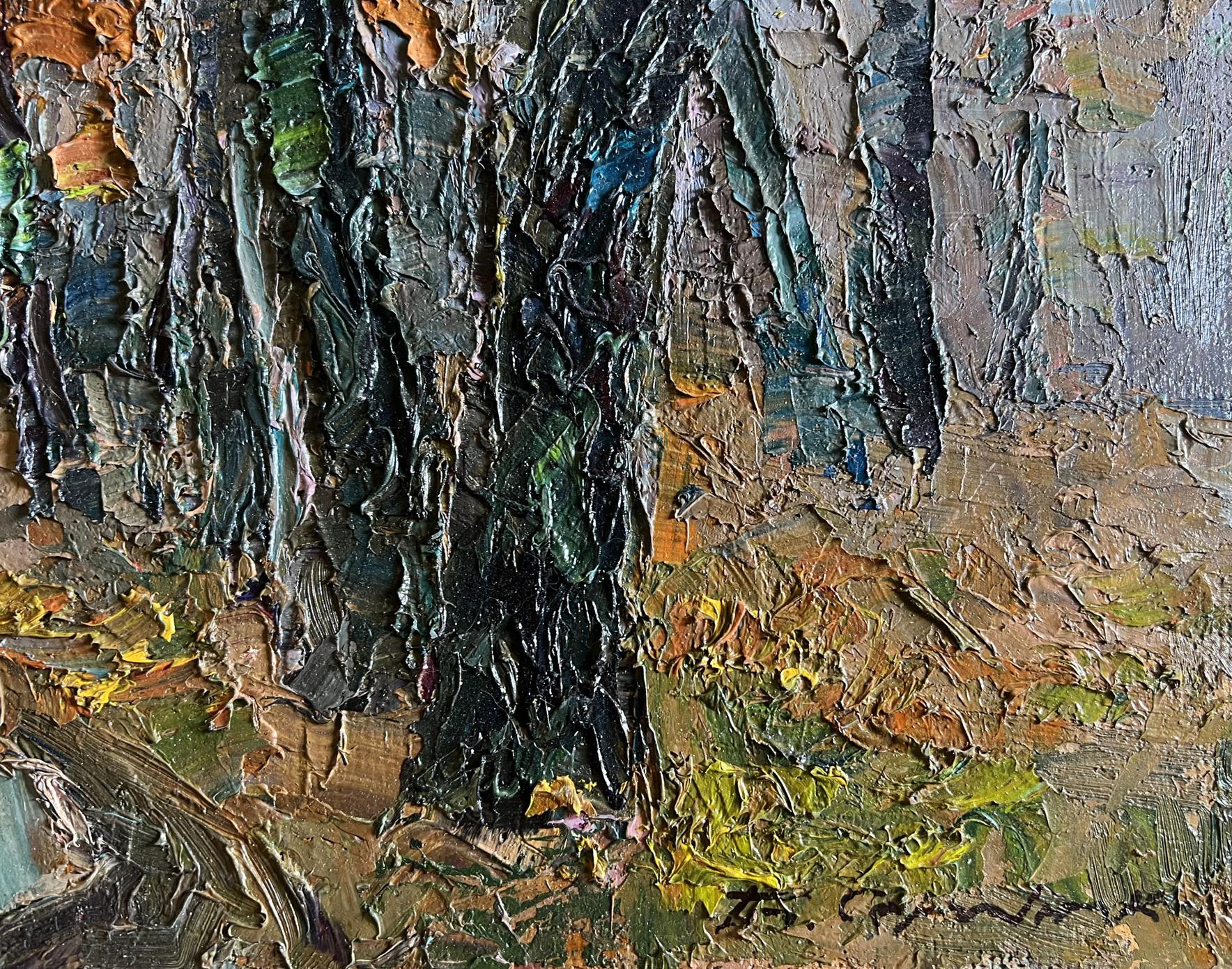 Oil painting Cloudy autumn day by Boris Serdyuk textured impasto greens browns