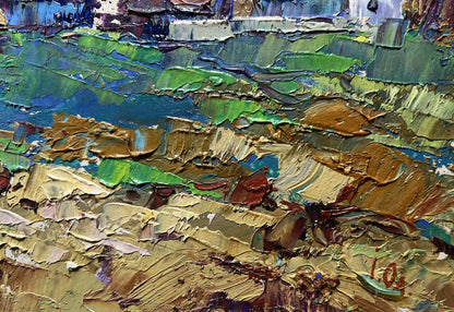 Oil painting Sunset behind the houses by Oleksiy Ivanyuk textured landscape