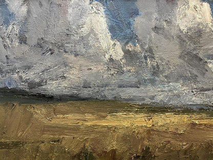 Textured oil painting of cloudy sky over golden field by Arsen Rustamov