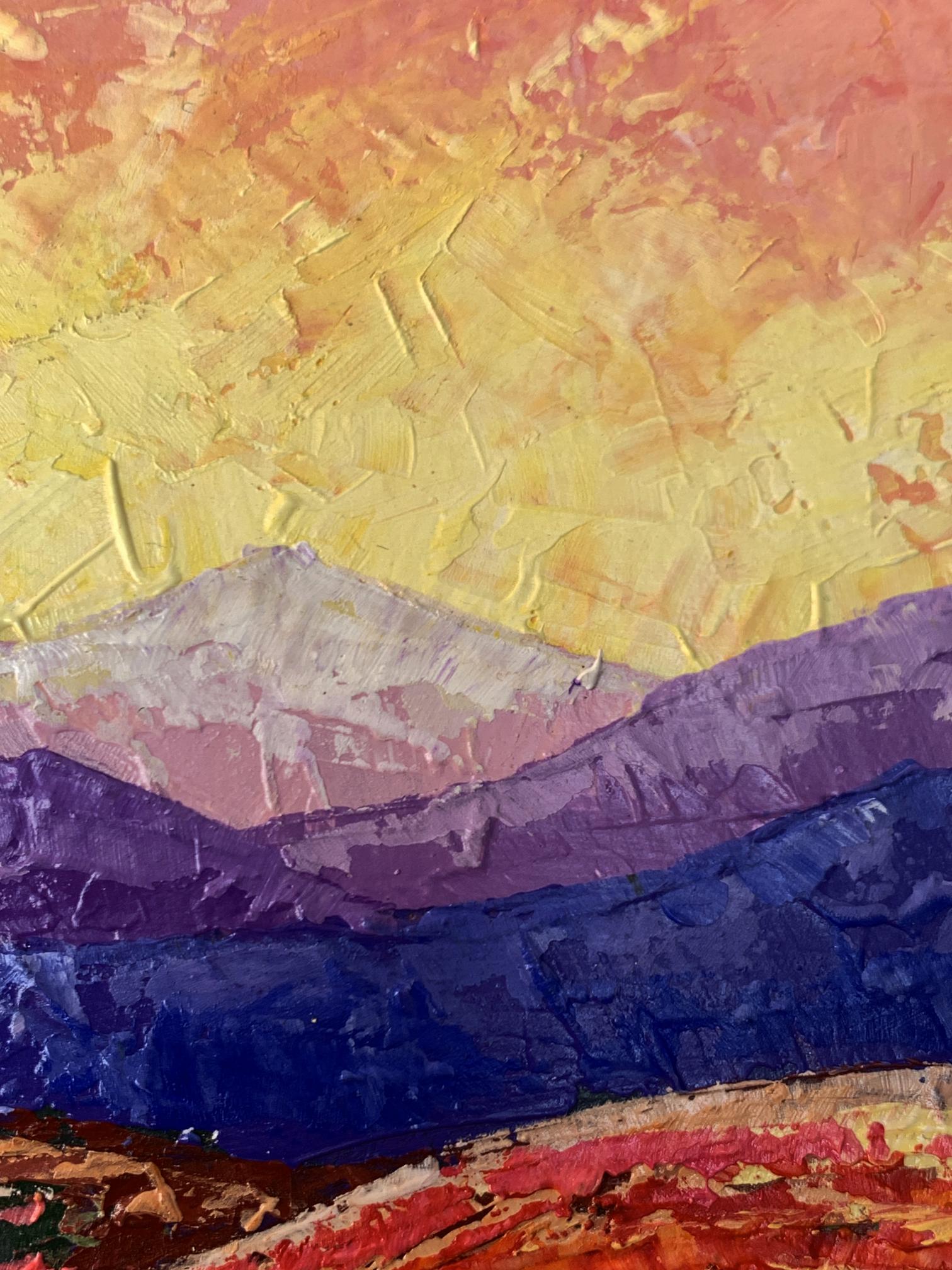 Textured acrylic painting of Crimson sunset in mountains by V. Zadorozhnya