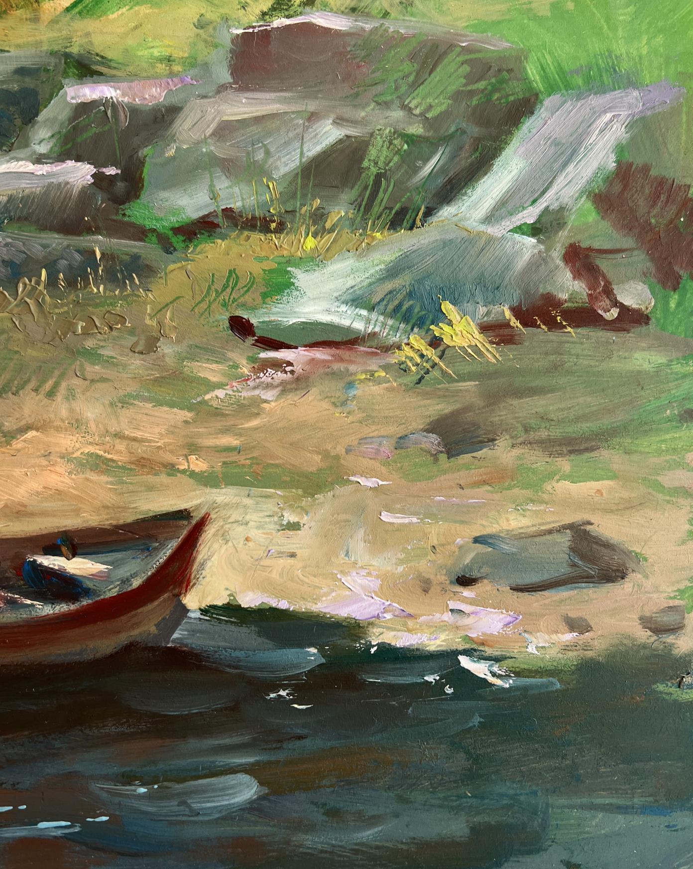 Oil painting of red white rowboat on calm river by Yuriy Suprunchuk