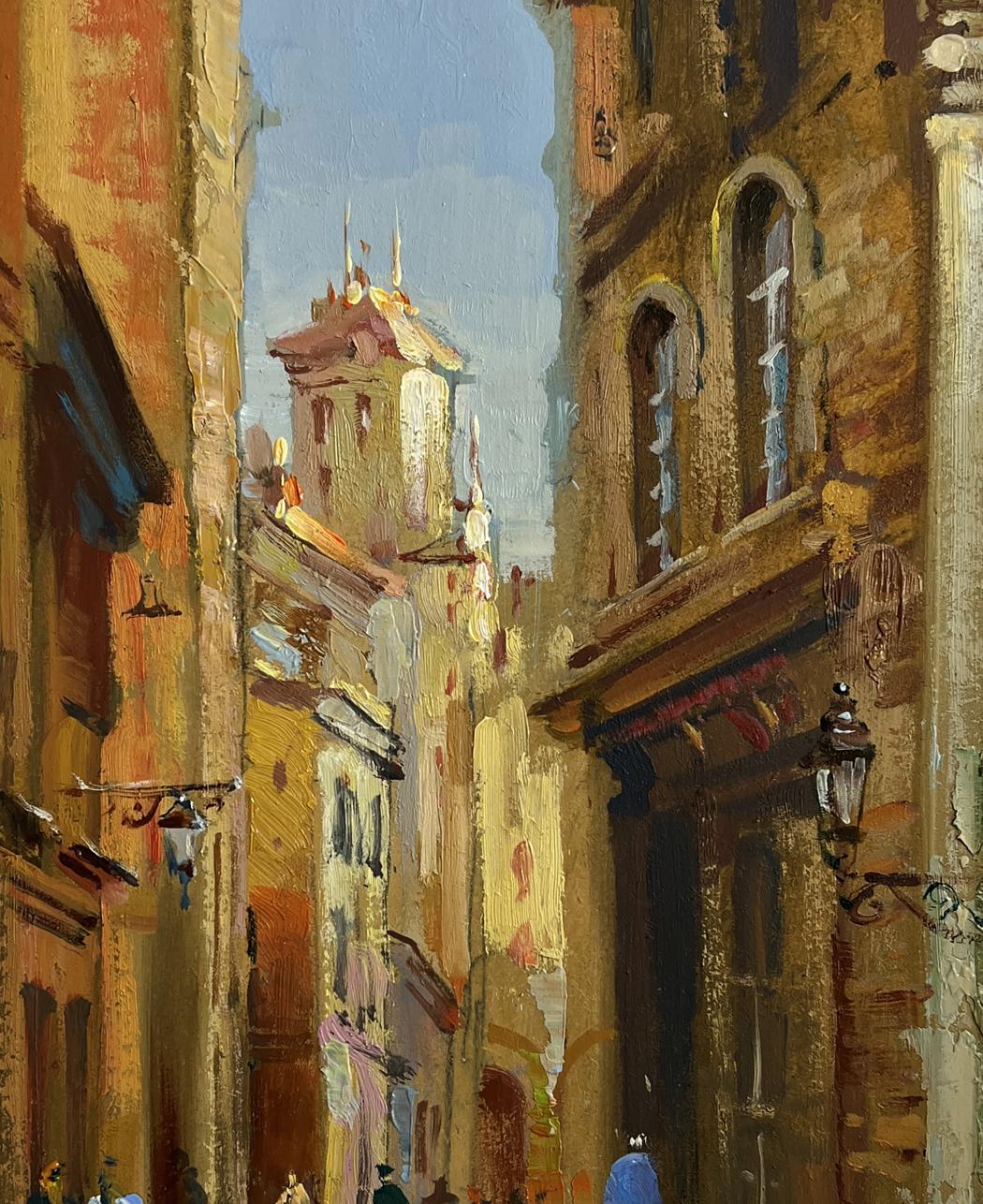Oil painting by Yuriy Suprunchuk of sunlit European alleyway