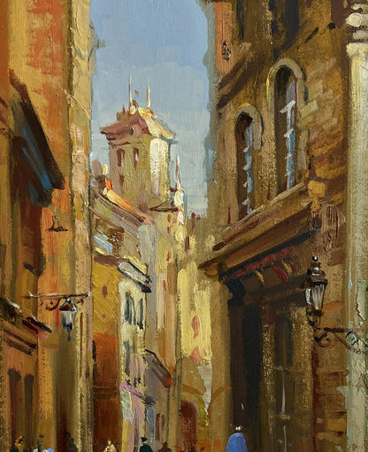 Oil painting by Yuriy Suprunchuk of sunlit European alleyway