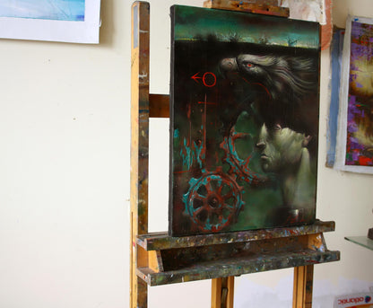 Oil painting Mechanics Alexander Dobrodiy: surreal face, eagle, gears on easel