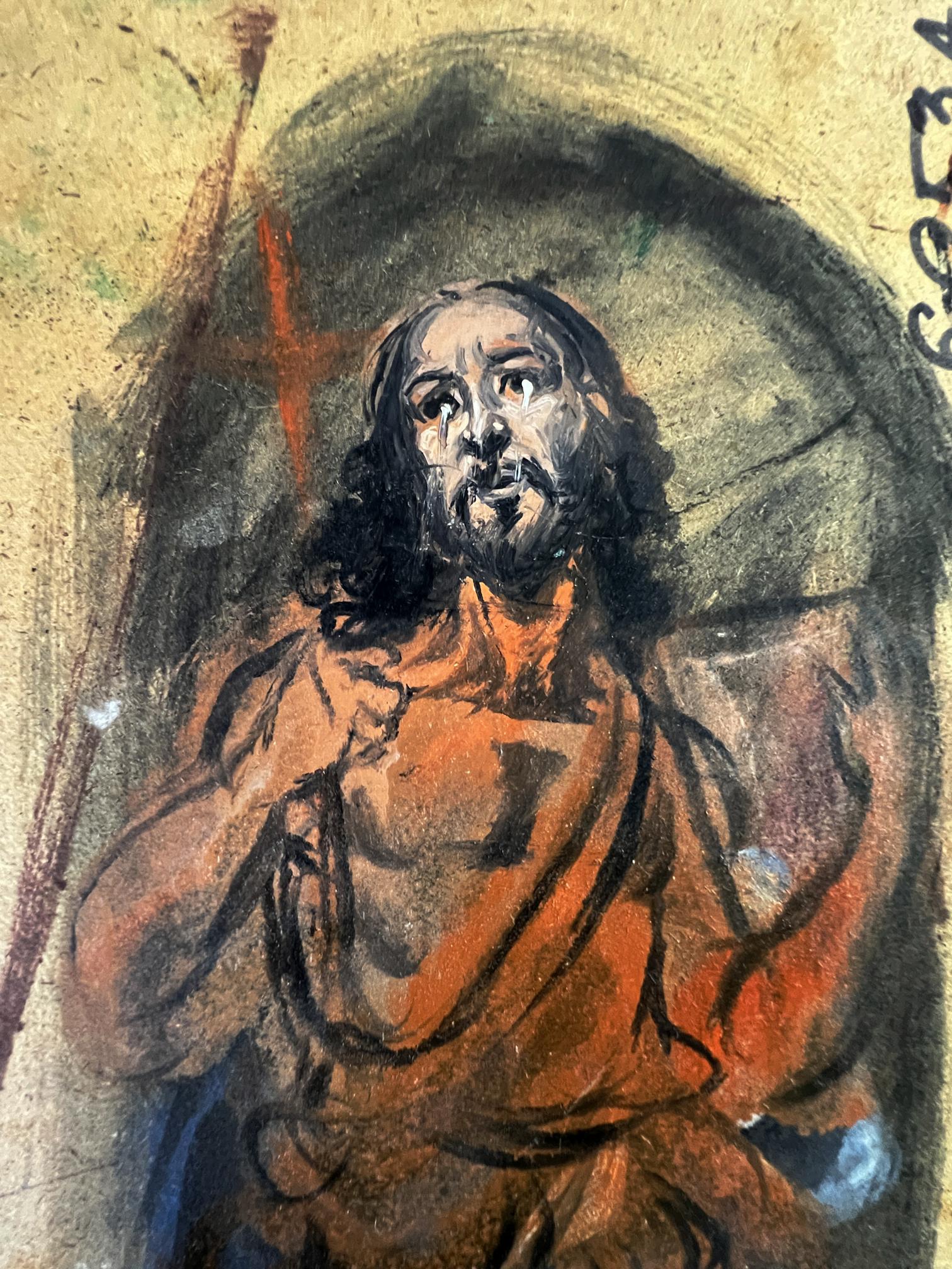 Textured pastel sketch of bearded man in orange robe, Litvinov night forest rite