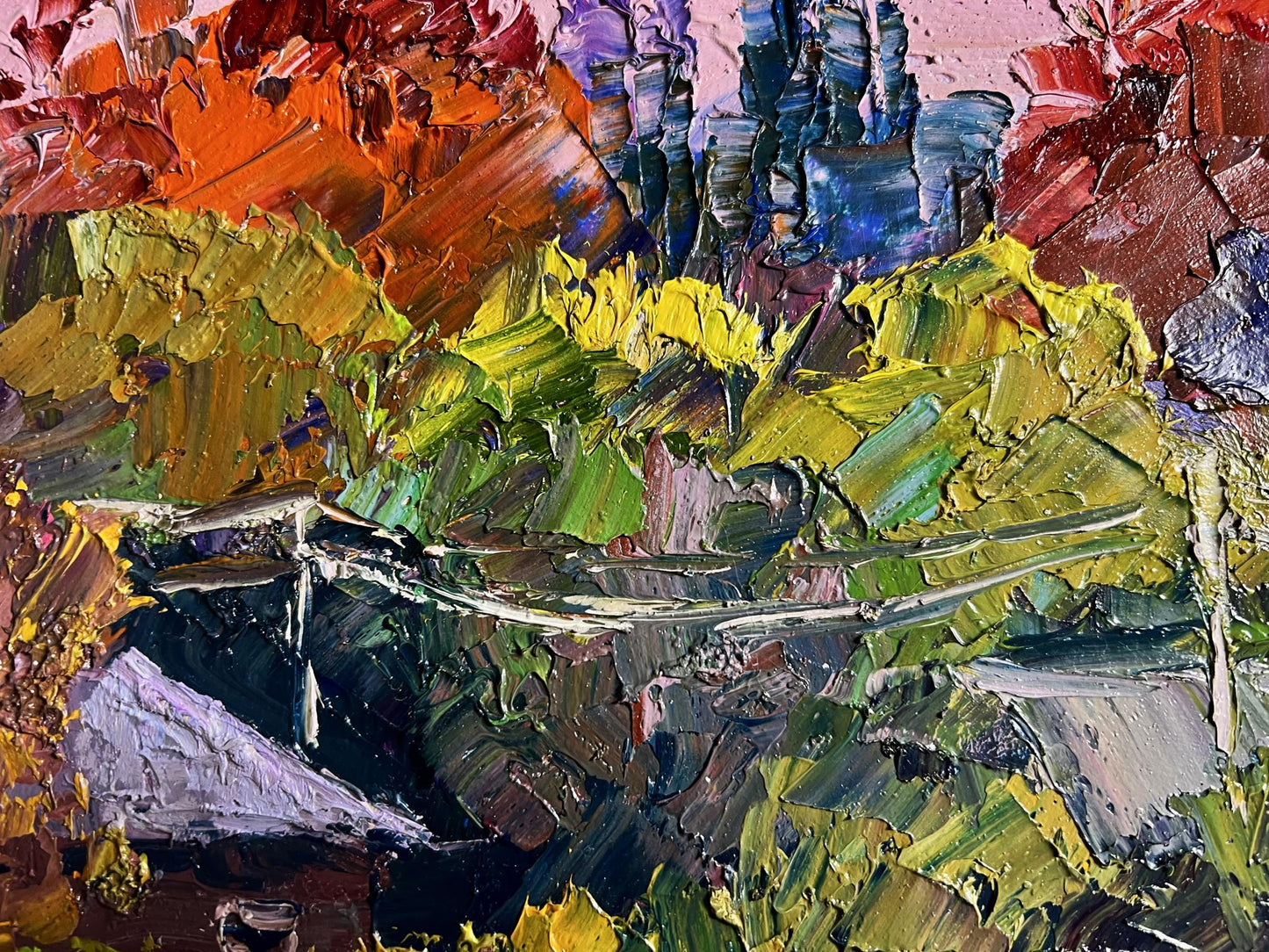 Vibrant Crimson Autumn oil painting by Boris Serdyuk, impressionist landscape