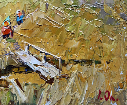 Impasto oil painting of village road to reservoir by Oleksiy Ivanyuk