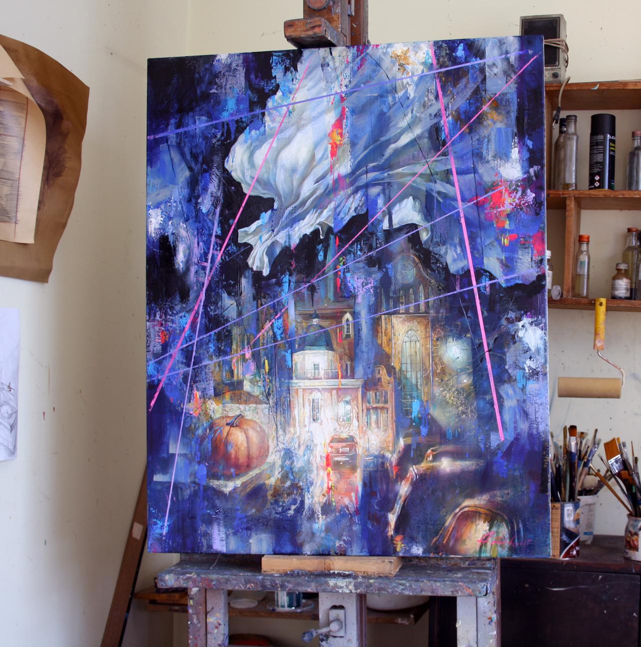 Vibrant Night on the Town oil painting by Alexander Dobrodiy, swirling blues