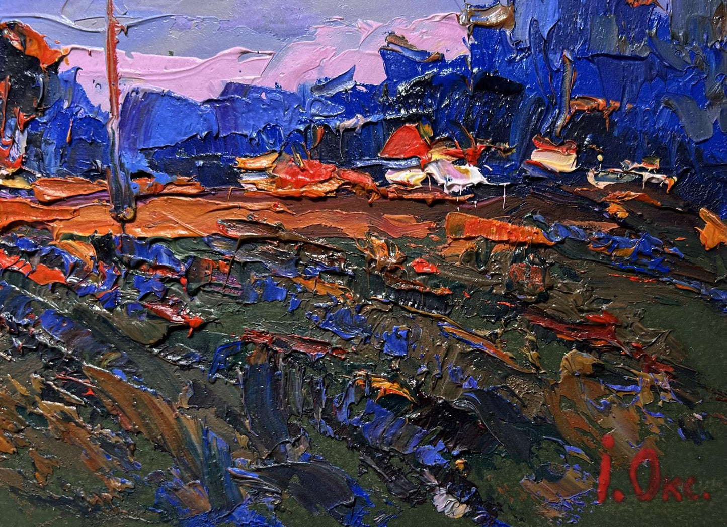 Vibrant impressionist oil painting of pink sunset by Oksana Ivanyuk