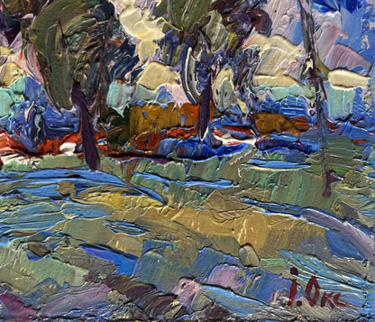 Vibrant impasto oil painting of clouds over village by Oksana Ivanyuk