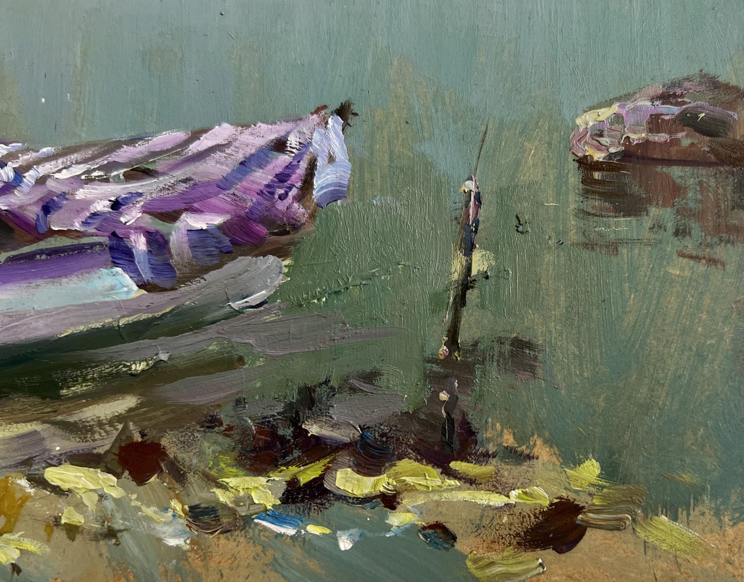 Oil painting of Yuriy Suprunchuk city boat ferry with purple white striped fabric on greenish water