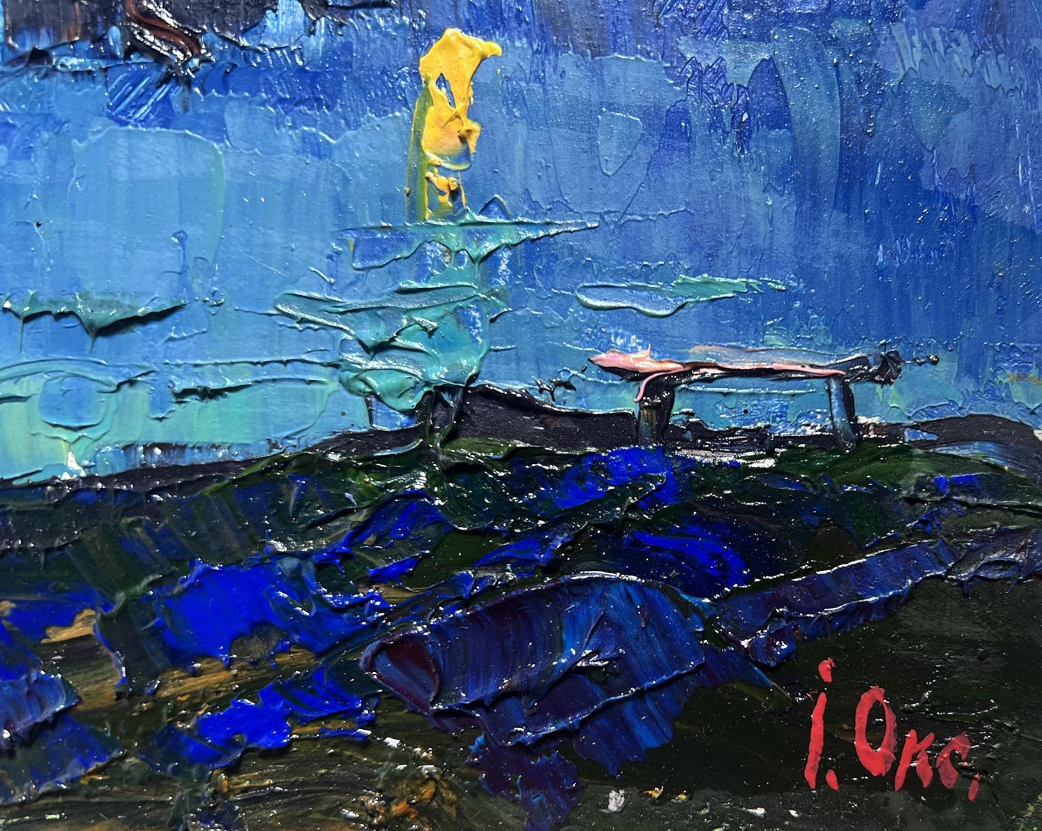 Oil painting Moon over the river by Oksana Ivanyuk blue seascape