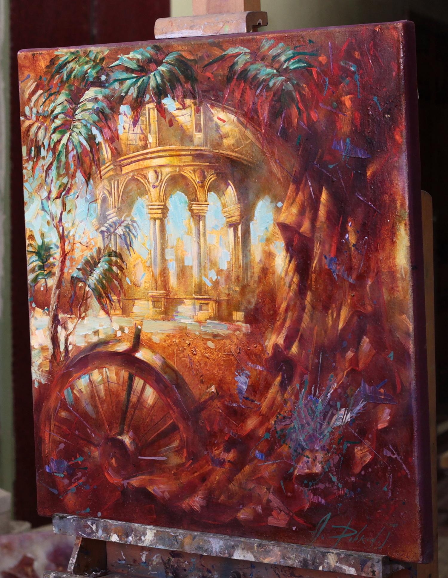 Oil painting Red morning by Alexander Dobrodiy, sunlit pavilion and palms