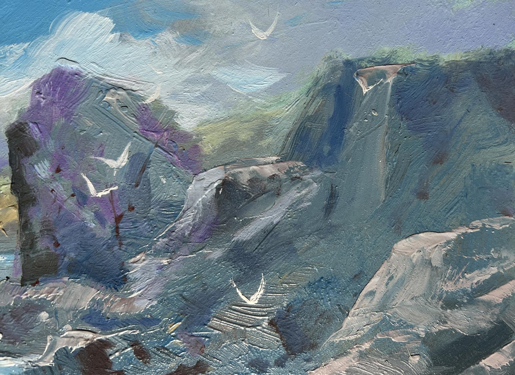 Textured oil painting of Yuriy Suprunchuks seagulls over rocky purple shore