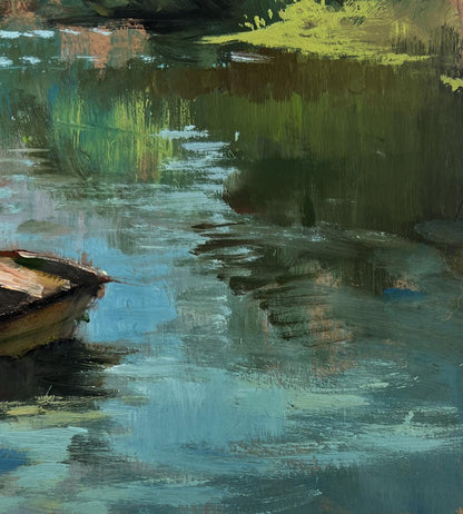 Oil painting The rain is approaching the river Yuriy Suprunchuk rustic boat on calm water