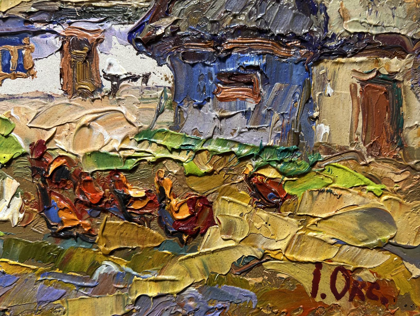 Impasto oil painting of chickens in yard by Oksana Ivanyuk