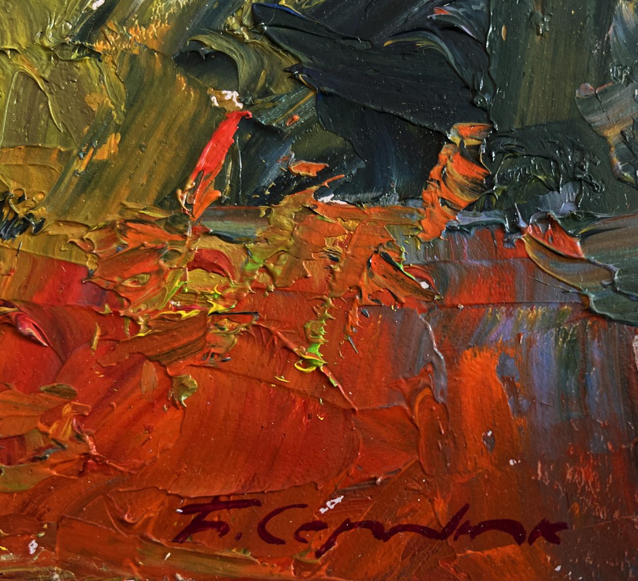 Oil painting Autumn days by the river by Boris Serdyuk, textured abstract with bold red, orange, green strokes