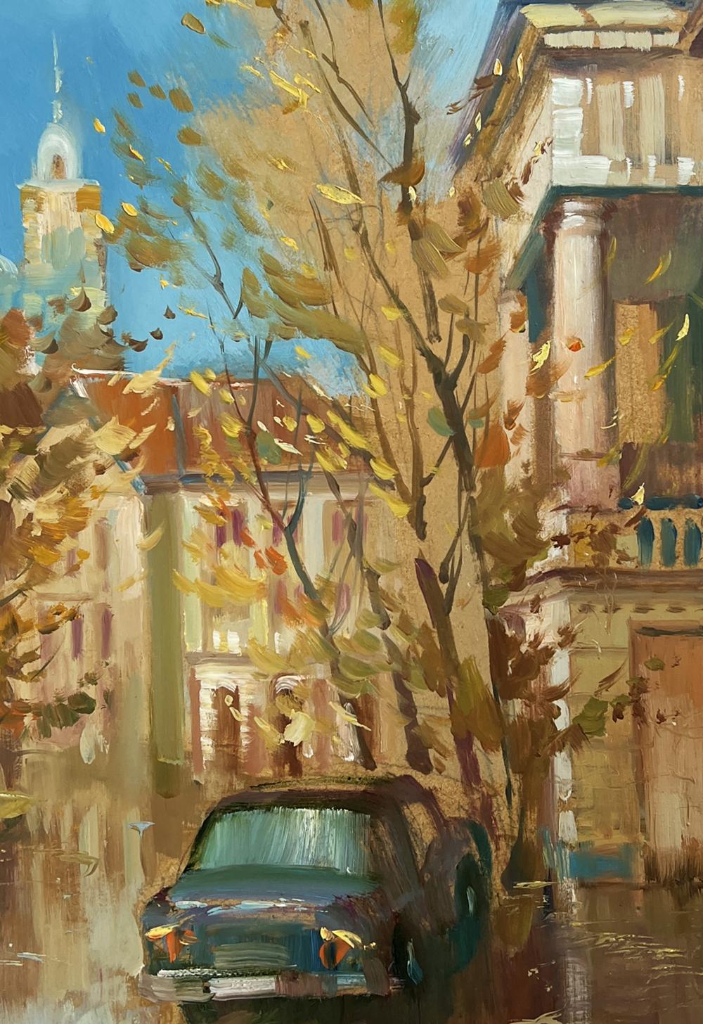 Oil painting Autumn in the Old Quarter by Yuriy Suprunchuk: vintage teal sedan on wet street under golden autumn trees