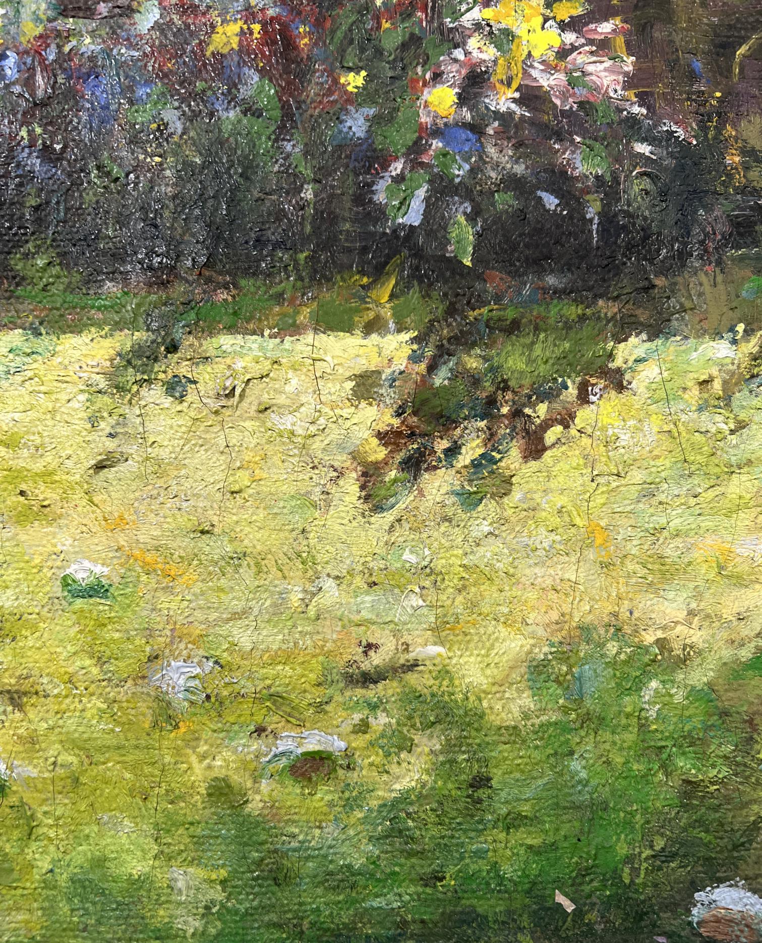Oil painting The silence of the village yard by Fedor Konev, sunlit garden