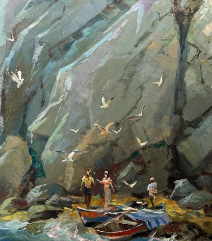Oil painting Whisper of the sea waves by Yuriy Suprunchuk: coastal cliffs, gulls, figures, boats