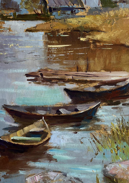 Rustic oil painting of rowboats in Yuriy Suprunchuk village boat port