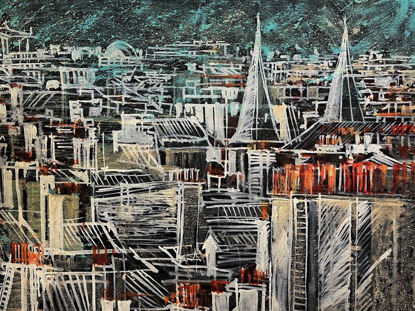 Oil painting Farnes by Serhiy Kovalev: abstract teal cityscape with textured brushstrokes