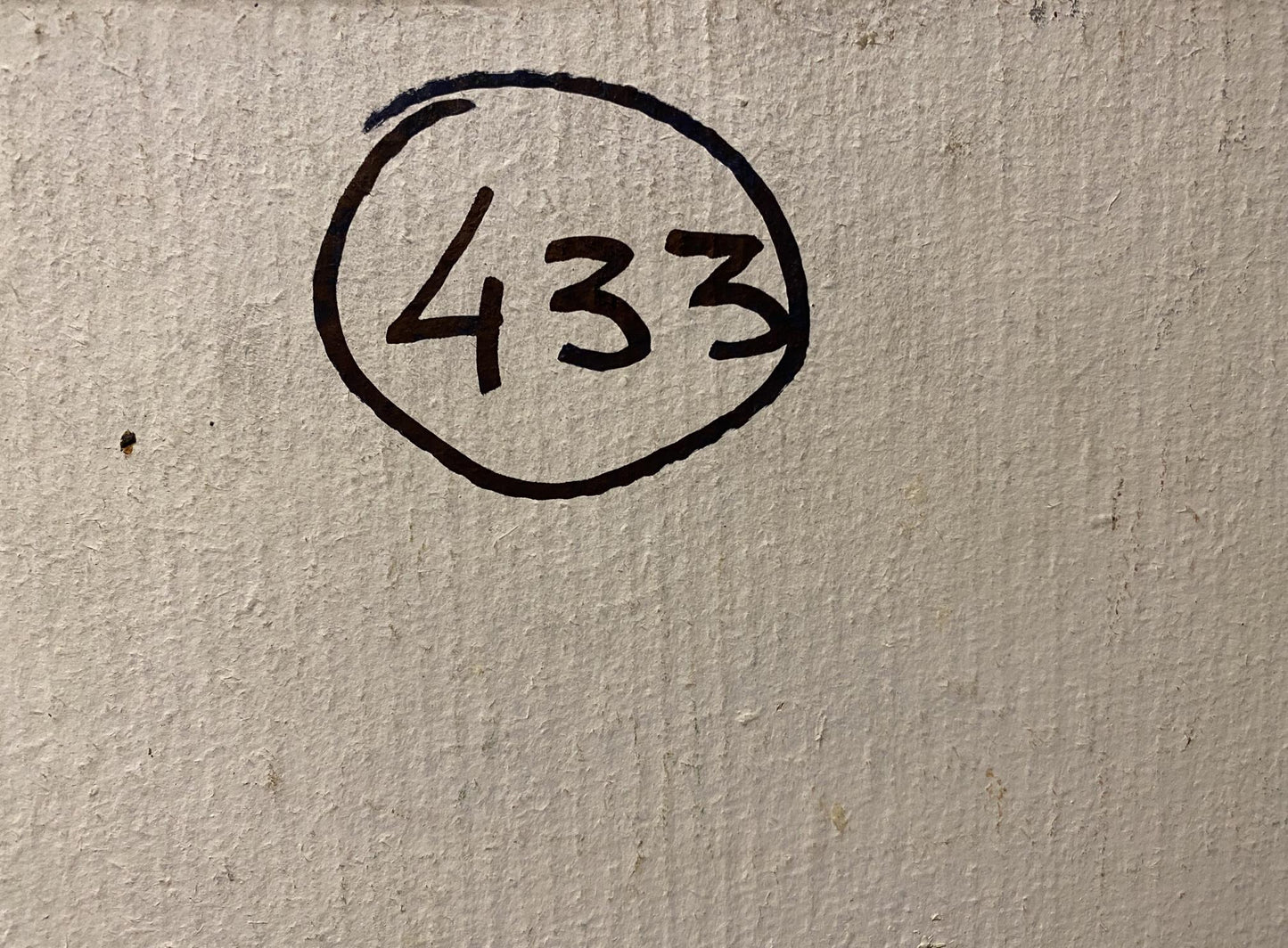 Back of Nikolai Fedorovich Bortnikov oil painting with black marker 433 in circle on textured wall