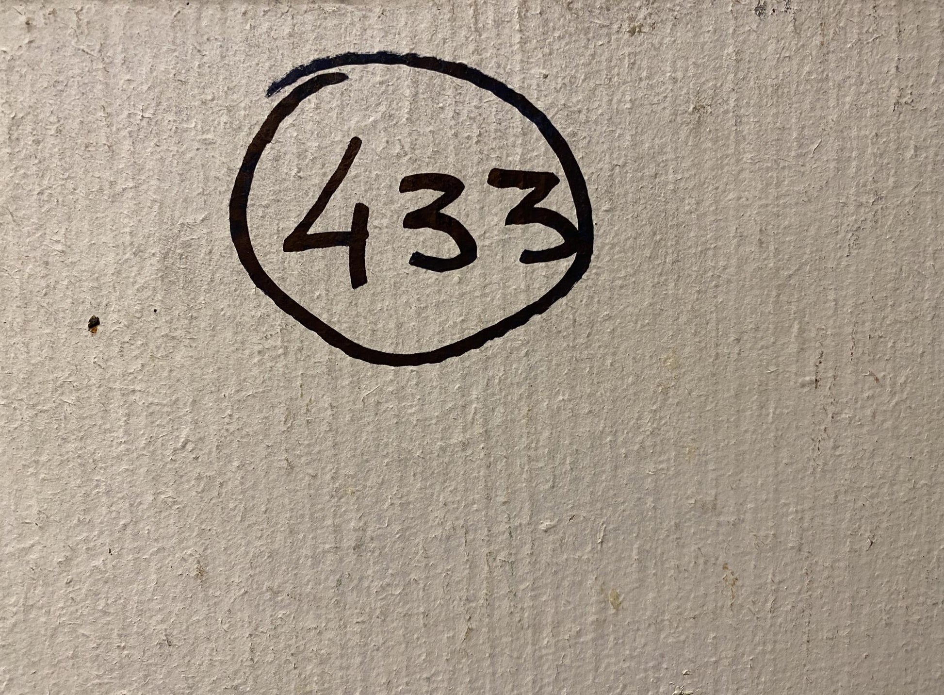 Back of Nikolai Fedorovich Bortnikov oil painting with black marker 433 in circle on textured wall