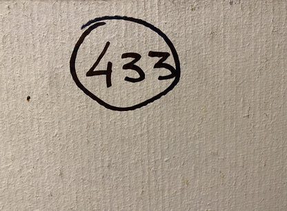 Back of Nikolai Fedorovich Bortnikov oil painting with black marker 433 in circle on textured wall