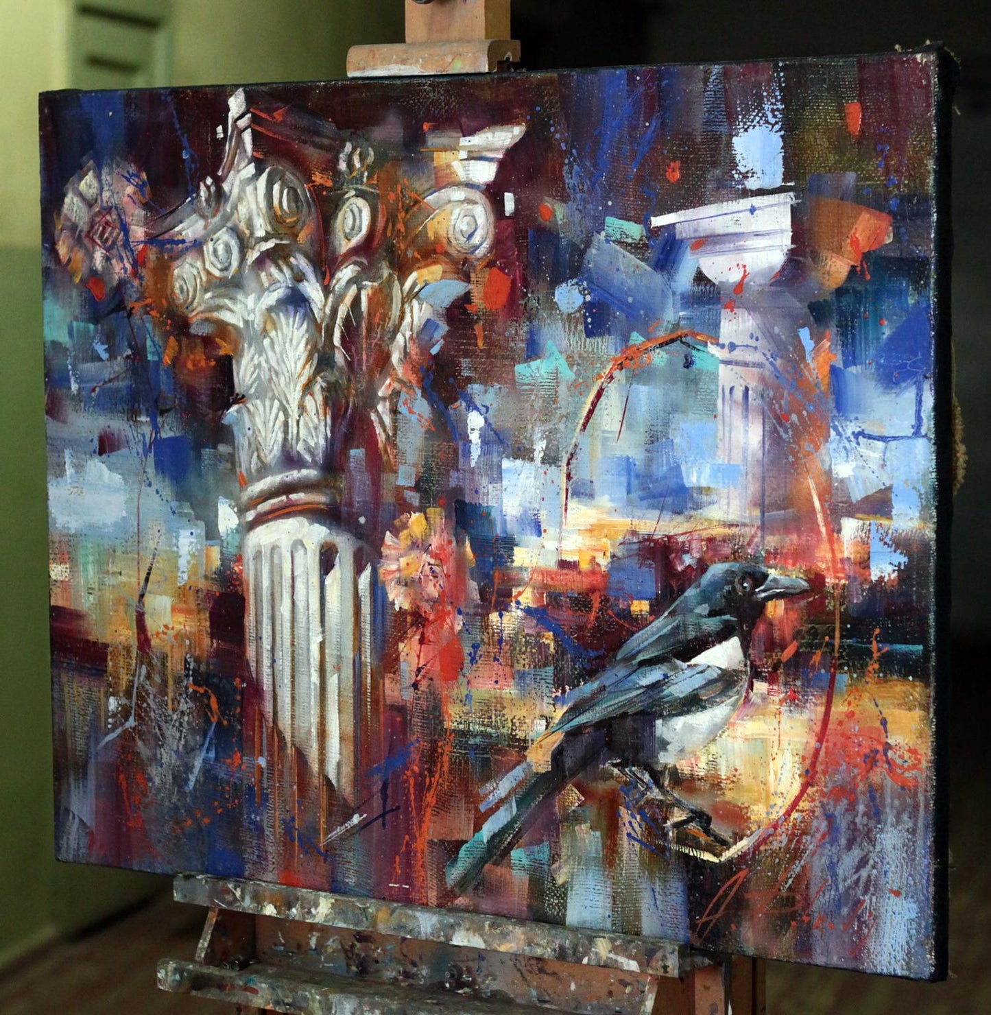 Oil painting Capital by Alexander Dobrodiy: white column, magpie, bold strokes