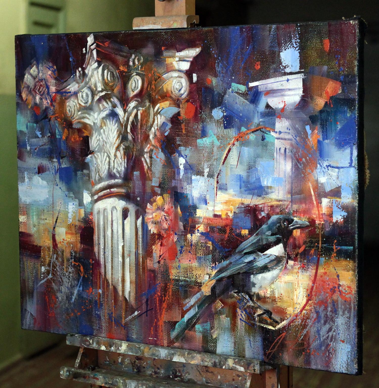 Oil painting Capital by Alexander Dobrodiy: white column, magpie, bold strokes