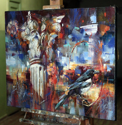 Oil painting Capital by Alexander Dobrodiy: white column, magpie, bold strokes