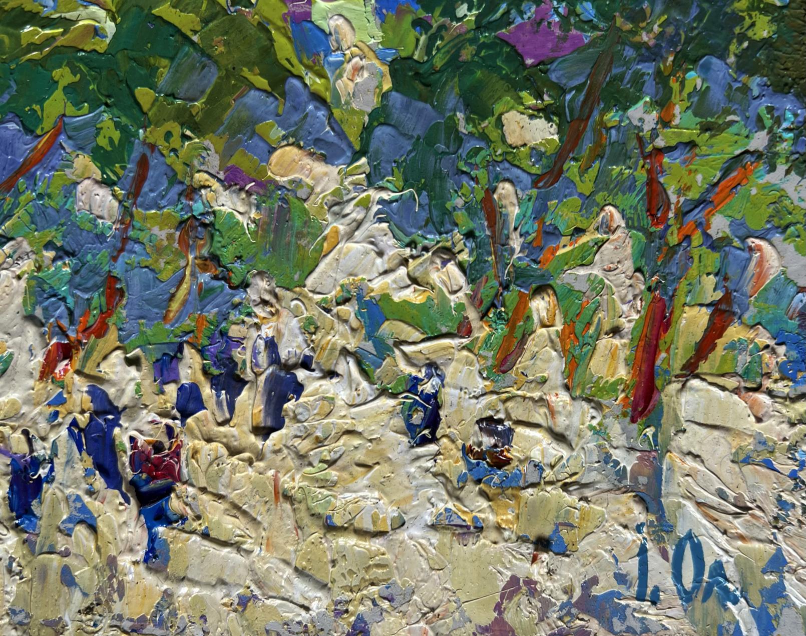 Vibrant, textured oil painting with thick impasto strokes of green, blue, and white.