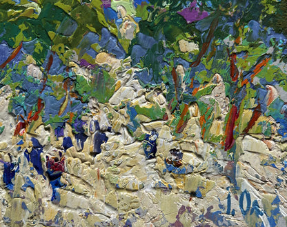 Vibrant, textured oil painting with thick impasto strokes of green, blue, and white.