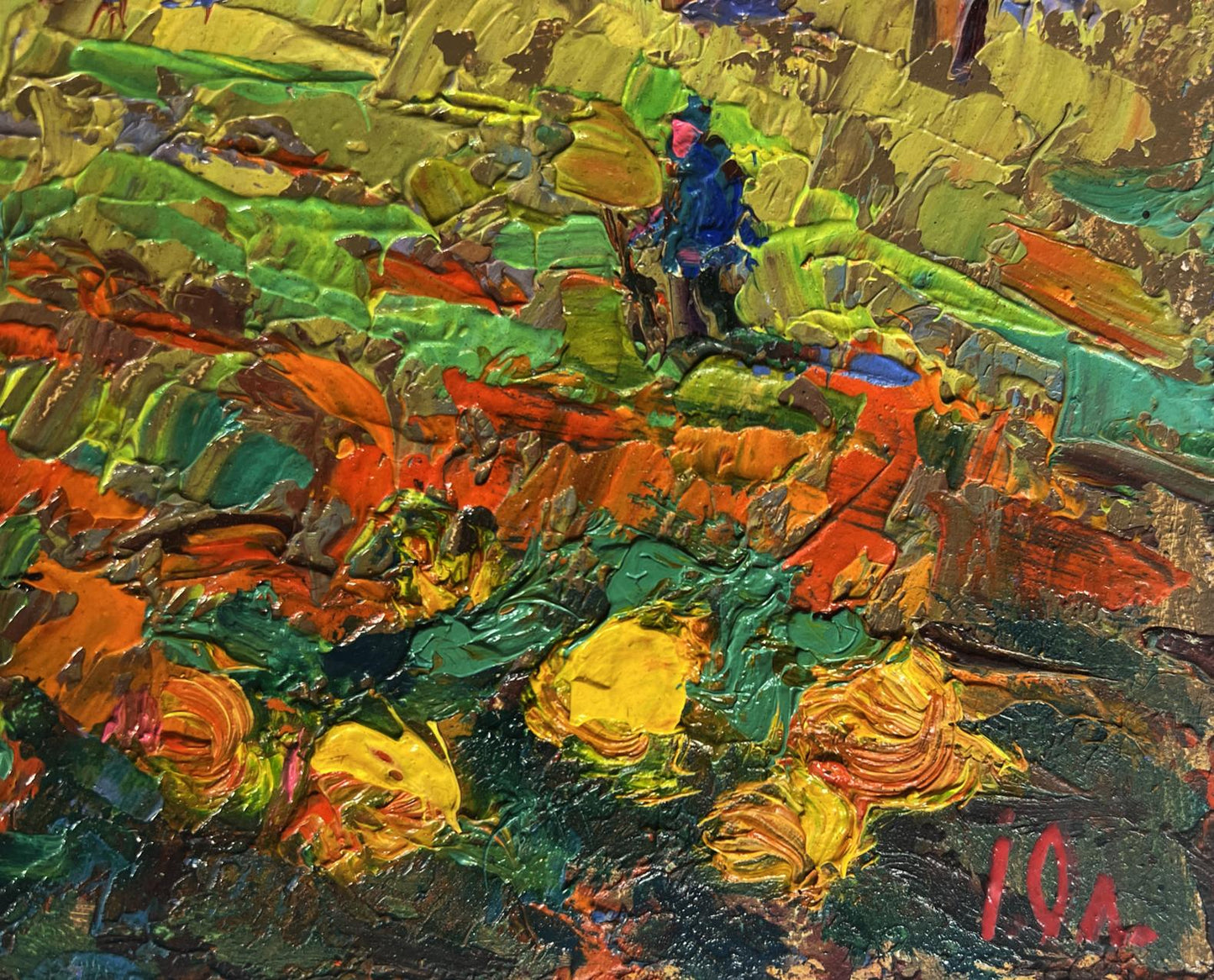 Vibrant oil painting of pumpkins growing in garden by Oleksiy Ivanyuk