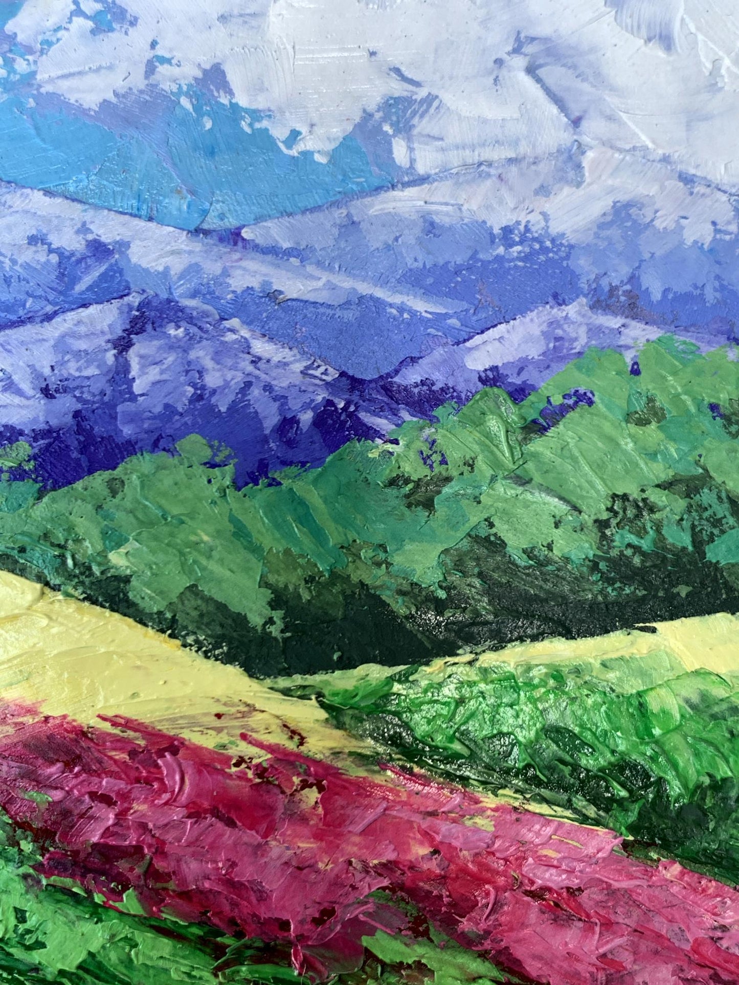 Vibrant oil painting of mountains and clouds by V. Zadorozhnya