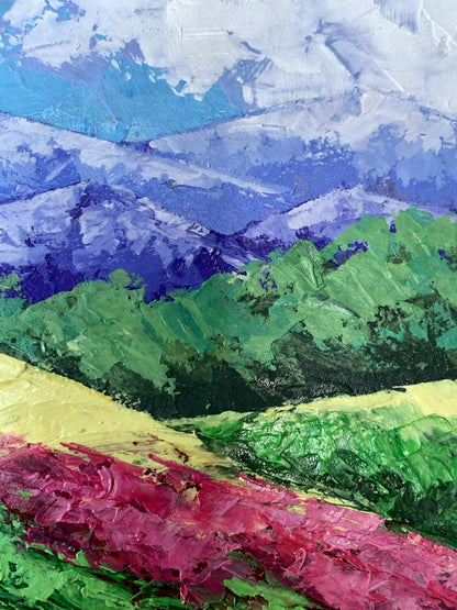 Vibrant oil painting of mountains and clouds by V. Zadorozhnya