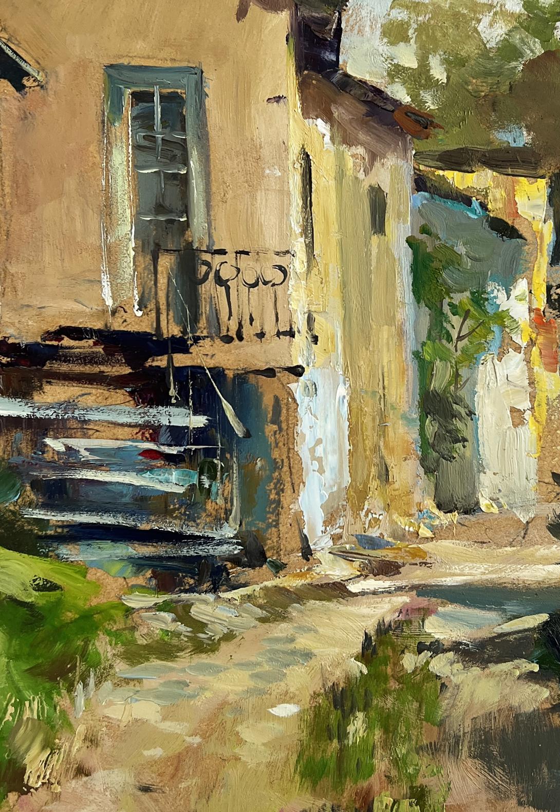 Oil painting of sunlit City summer courtyard by Yuriy Suprunchuk