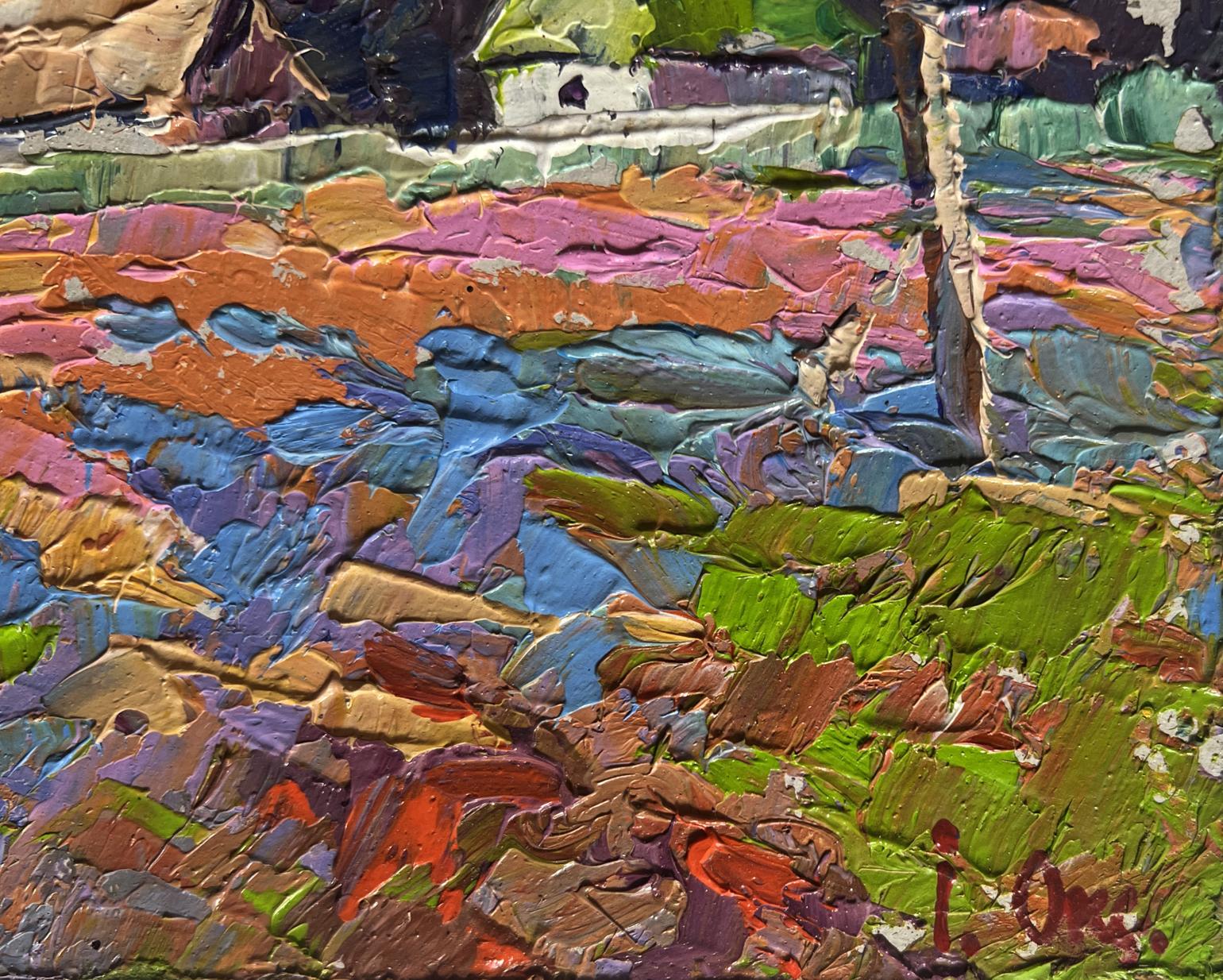 Vibrant impressionist oil painting of colourful fields and village by Oksana Ivanyuk