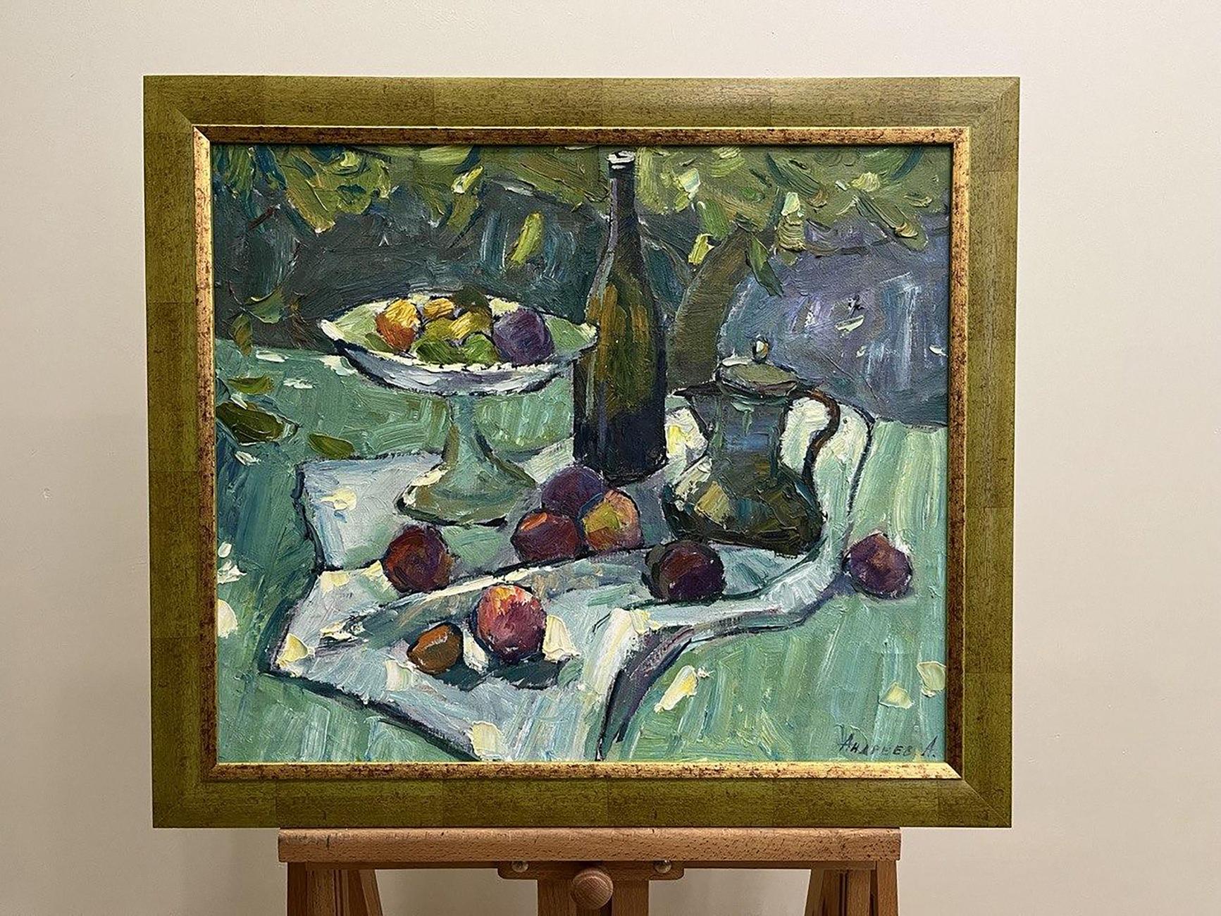 Oil painting by Oleksandr Andreev: still life with green purple fruits bottle pitcher