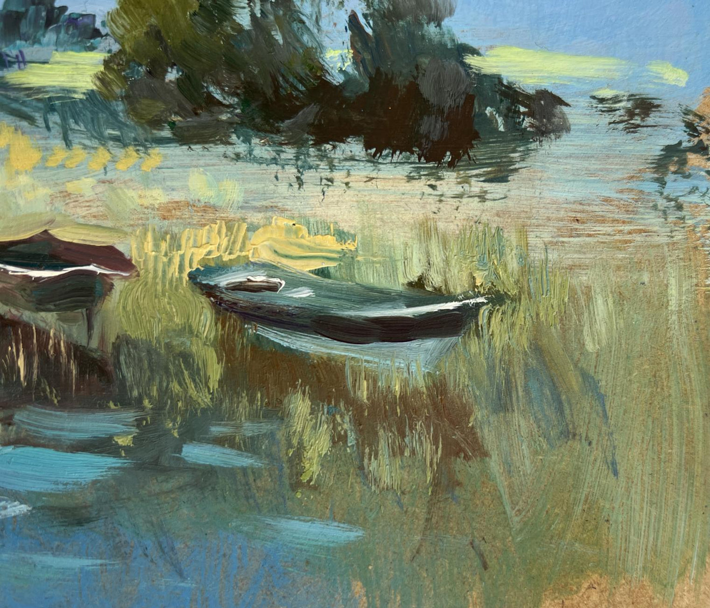 Oil painting of small dark green rowboat on river by Yuriy Suprunchuk