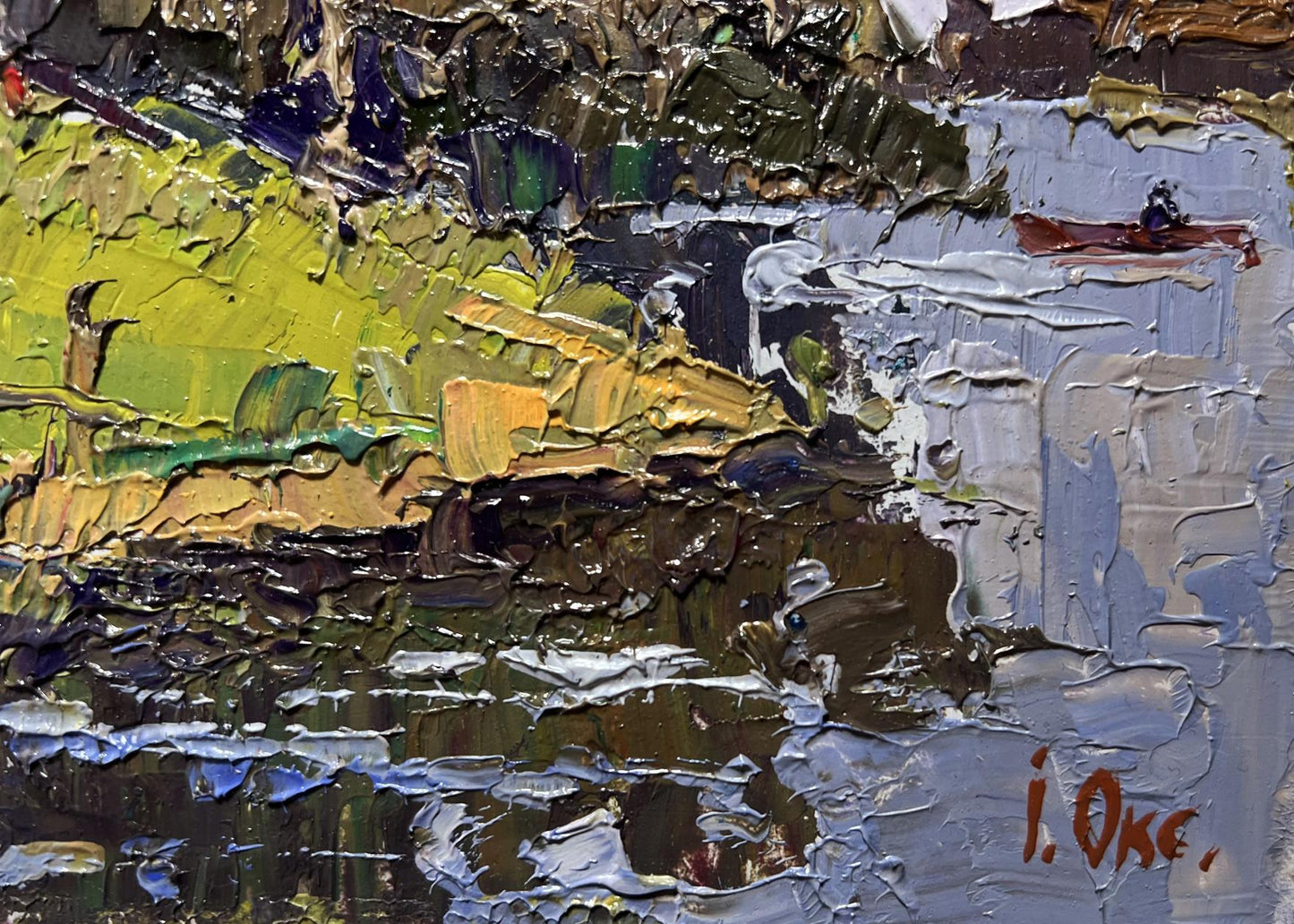 Abstract oil painting By boat to the shore by Oleksiy Ivanyuk