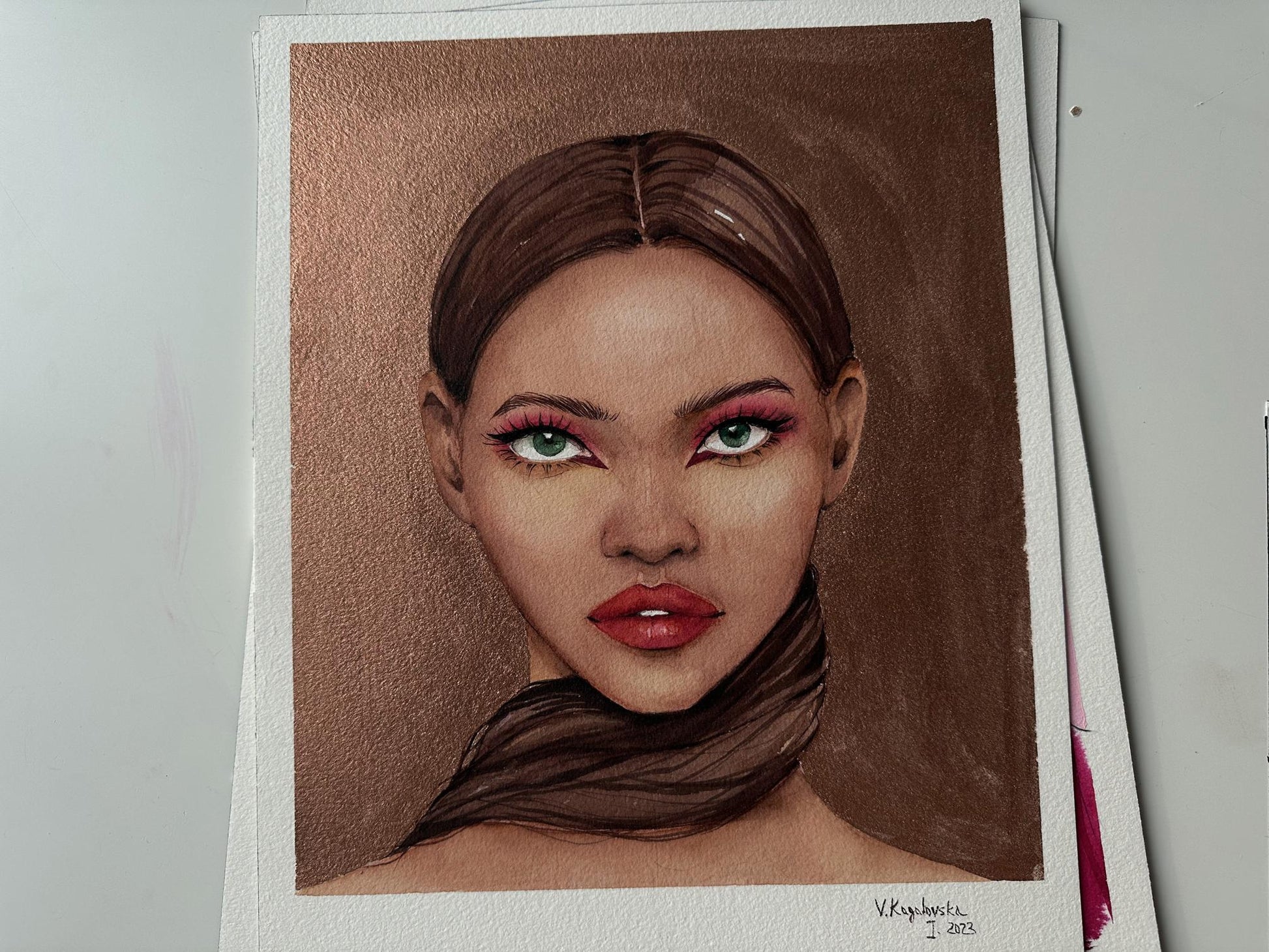 Watercolor lady in gold portrait by Victoria Kagalovska, green eyes