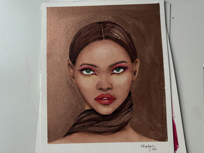 Watercolor lady in gold portrait by Victoria Kagalovska, green eyes