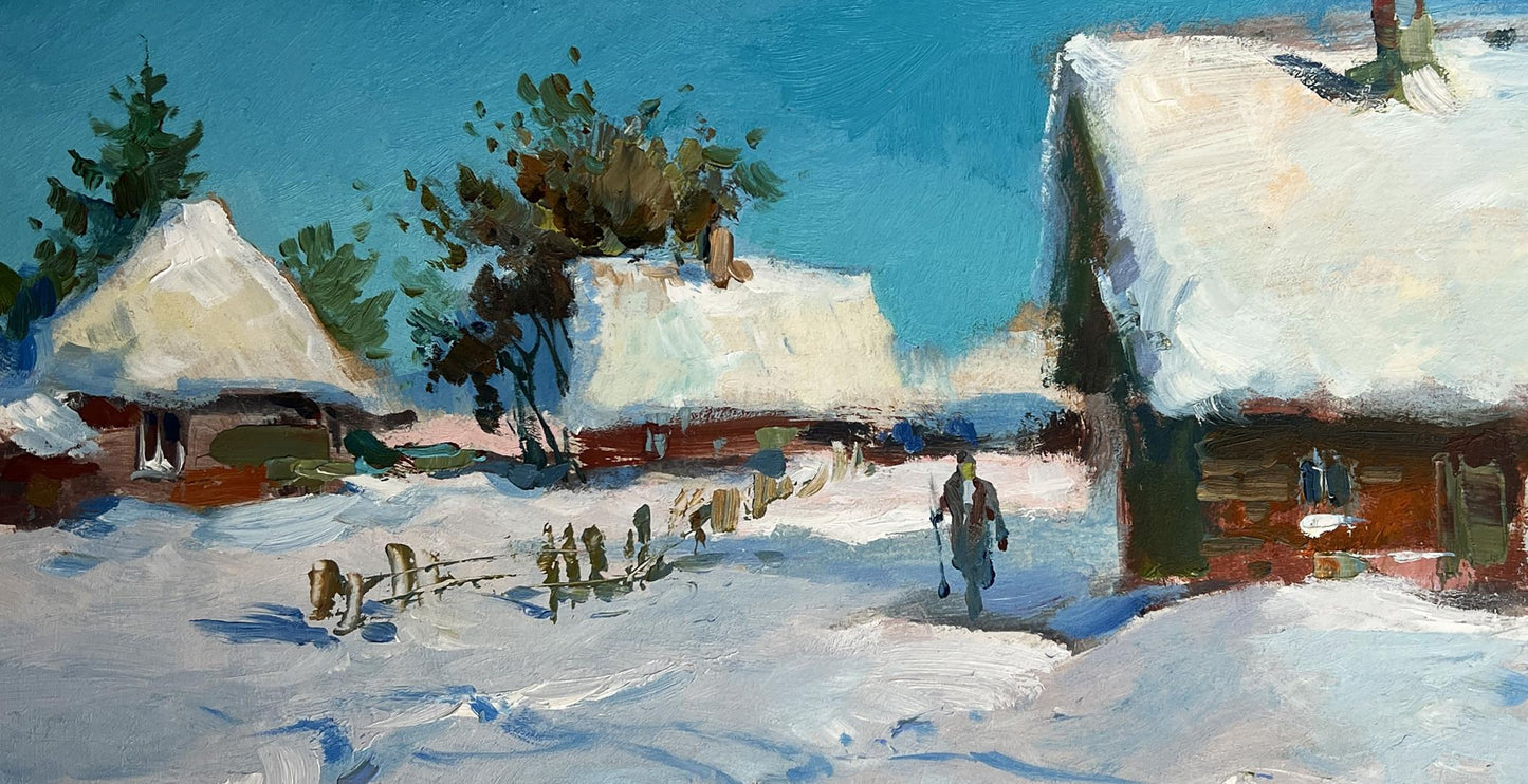 Oil painting by Yuriy Suprunchuk: snow-covered thatched houses under blue sky