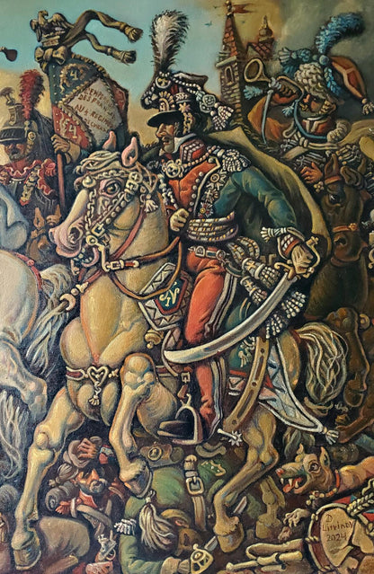 Oil painting of Napoleon at Austerlitz by Daniil Litvinov, cavalry officer on horse