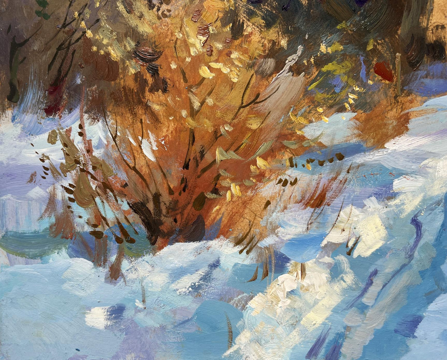 Oil painting by Yuriy Suprunchuk: vibrant autumn tree in snowy winter landscape